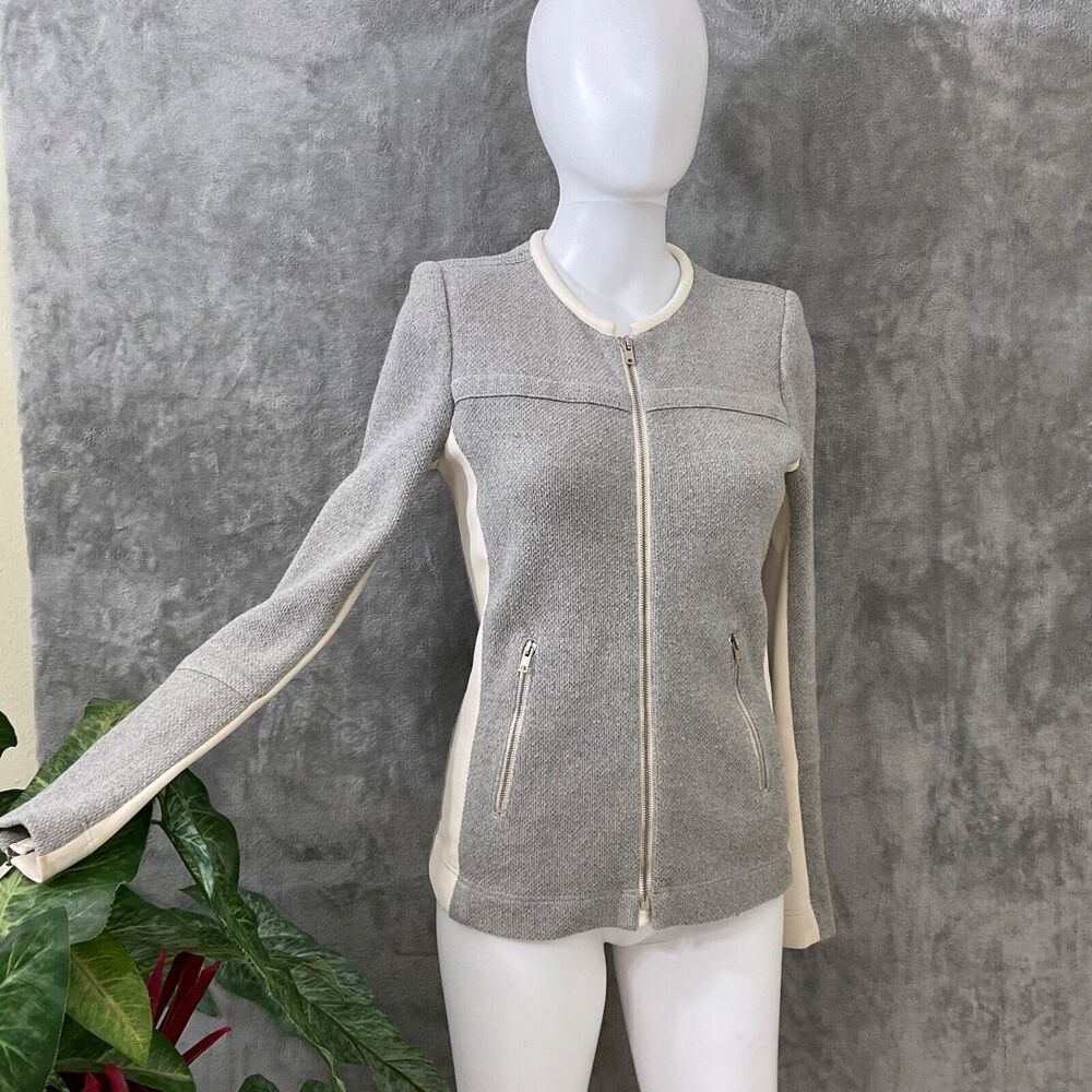 IRO Clever Wool Blend Leather Trim Jacket women’s 38 Gray/Ivory Full zip pockets